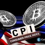 Imagem artística com moedas de Bitcoin, texto CPI e bandeira dos Estados Unidos com efeitos de luz azul.