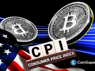 Imagem artística com moedas de Bitcoin, texto CPI e bandeira dos Estados Unidos com efeitos de luz azul.
