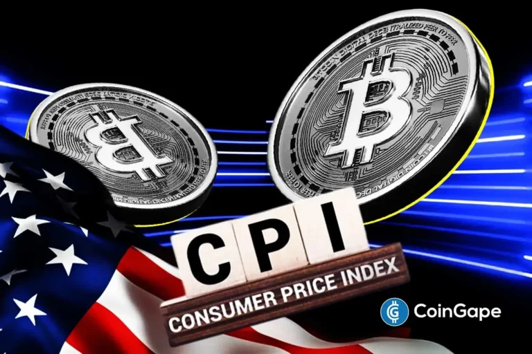 Imagem artística com moedas de Bitcoin, texto CPI e bandeira dos Estados Unidos com efeitos de luz azul.