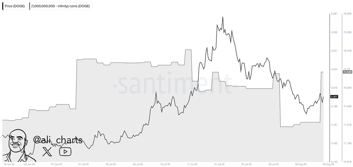 Gráfico de linha cinza mostrando variação de preços do Dogecoin com marca d'água "Santiment" ao fundo.