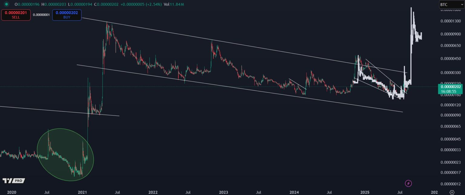 Gráfico de velas DOGE/BTC com linhas de tendência, círculo verde destacando formação e volume de 11.84M BTC.