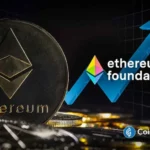 Logo do Ethereum com seta azul ascendente e texto "Ethereum Foundation" indicando movimento de alta no preço.