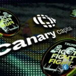 Ilustração da Canary Capital com tokens Trump Coin mostrando slogan "FIGHT FIGHT FIGHT"