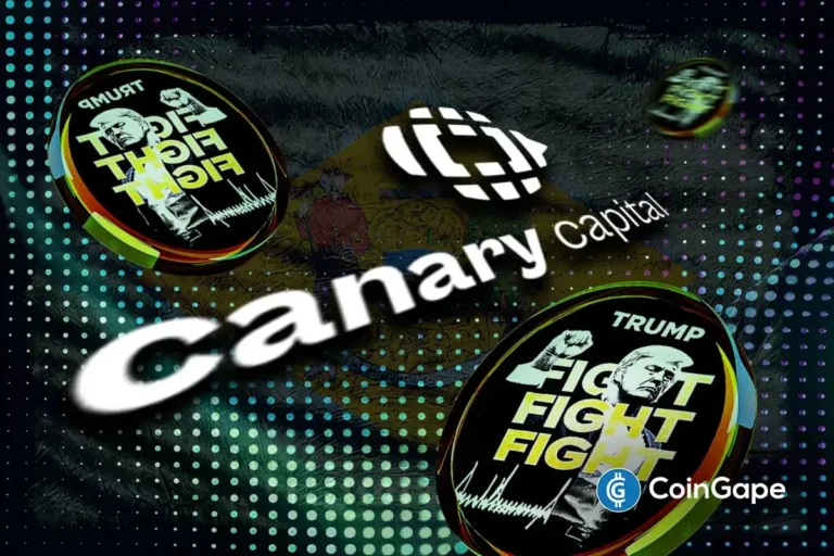 Ilustração da Canary Capital com tokens Trump Coin mostrando slogan "FIGHT FIGHT FIGHT"