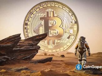 Arte digital de astronauta em Marte com grande moeda de Bitcoin dourada no horizonte.