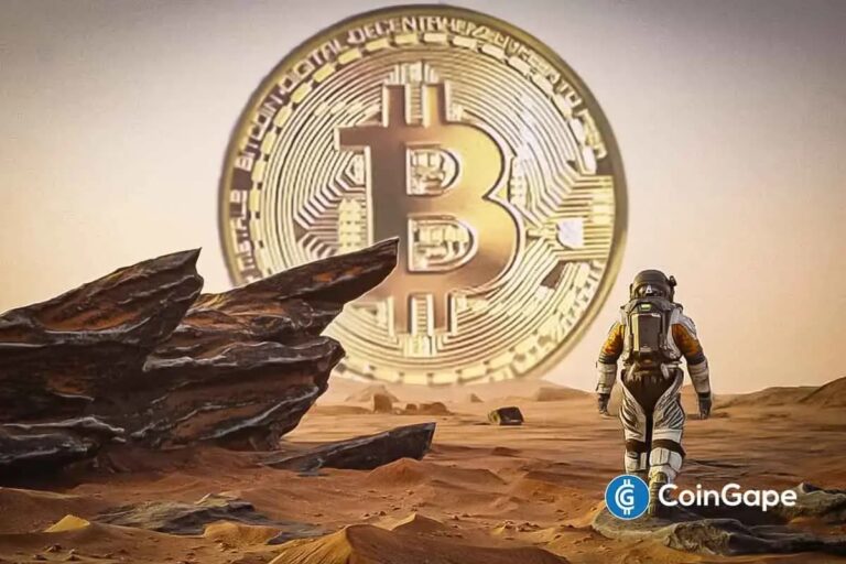 Arte digital de astronauta em Marte com grande moeda de Bitcoin dourada no horizonte.