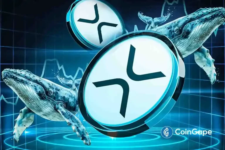 Ilustração digital mostrando logos do XRP flutuando sobre baleias em ambiente aquático tecnológico com grade azul.