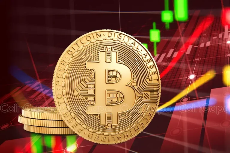 Moeda física de Bitcoin dourada em primeiro plano com candlesticks verdes e vermelhos de gráfico financeiro ao fundo.