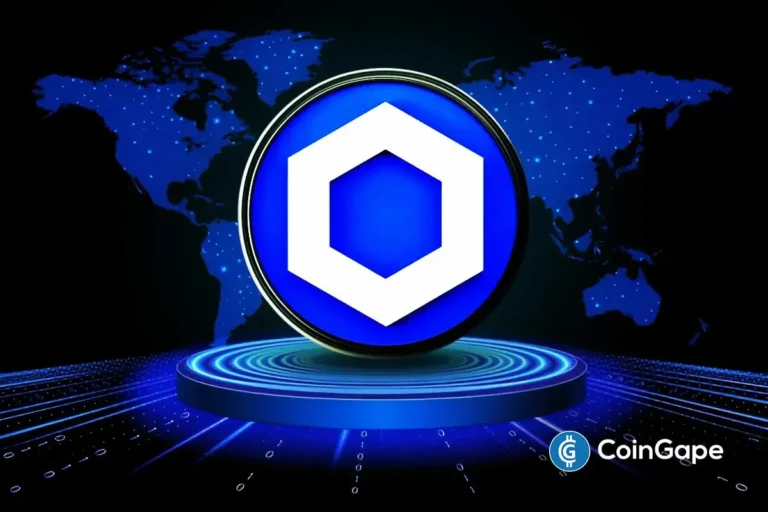 Logo oficial do Chainlink (LINK) em azul e branco sobre plataforma digital com mapa mundial.