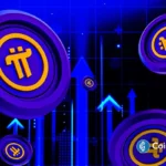 Ilustração 3D de moedas de criptomoedas com setas azuis apontando para cima em fundo roxo e azul com grade