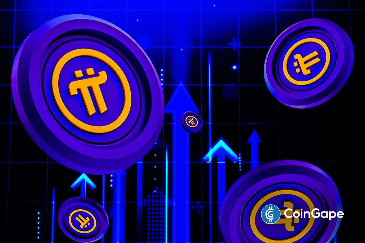 Ilustração 3D de moedas de criptomoedas com setas azuis apontando para cima em fundo roxo e azul com grade