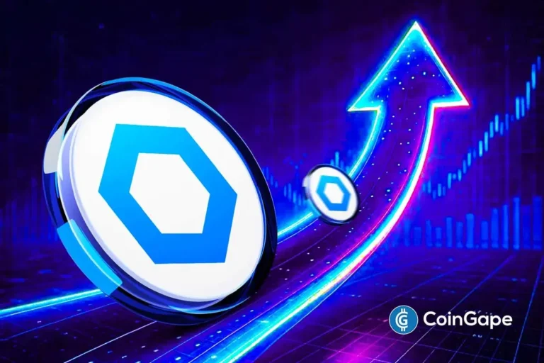 Ilustração 3D do logo do Chainlink em azul e branco com seta luminosa apontando para cima em fundo roxo e azul.