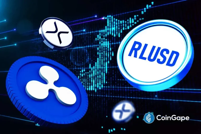 Logos das criptomoedas XRP e RLUSD da Ripple sobre fundo azul tecnológico representando expansão no mercado japonês.