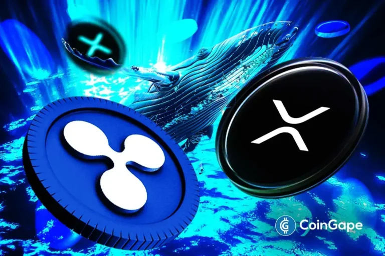 Ilustração digital com baleia e logos do XRP em ambiente aquático azul brilhante