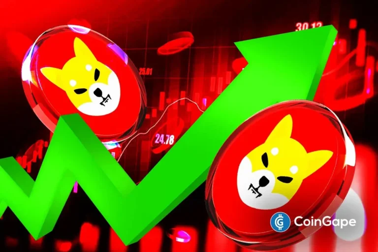 Ilustração 3D do logo do Shiba Inu com seta verde de crescimento em ambiente futurístico vermelho