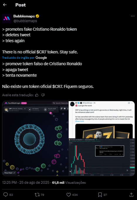 Captura de tela do post da Bubblemaps no X alertando que não existe token oficial $CR7 e pedindo para usuários ficarem seguros
