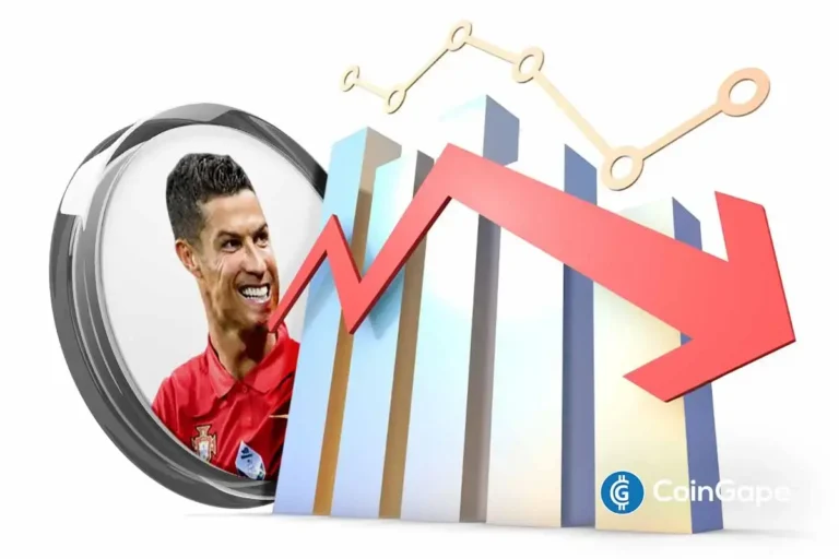 Imagem ilustrativa mostrando Cristiano Ronaldo em uniforme de Portugal ao lado de gráficos de barras com seta vermelha apontando para baixo