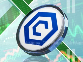 Logo circular azul e branco do token Cronos (CRO) sobre fundo com gráficos financeiros verdes indicando alta
