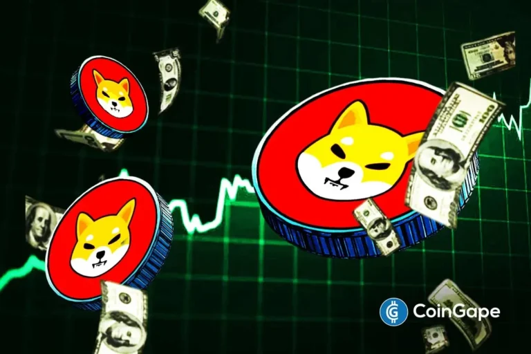 Ilustração artística de tokens da Shiba Inu cercados por notas de dólar americano sobre fundo com gráfico de preços em alta e grade verde