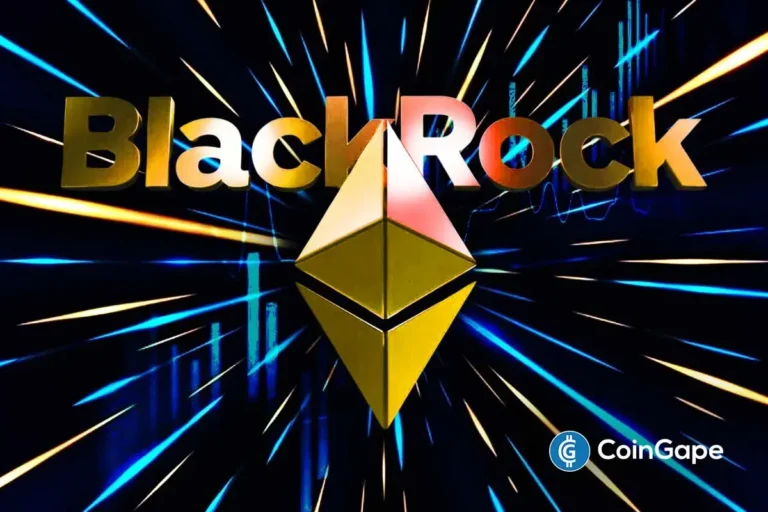 Logo da BlackRock com símbolo do Ethereum dourado em fundo escuro com raios de luz azuis e dourados