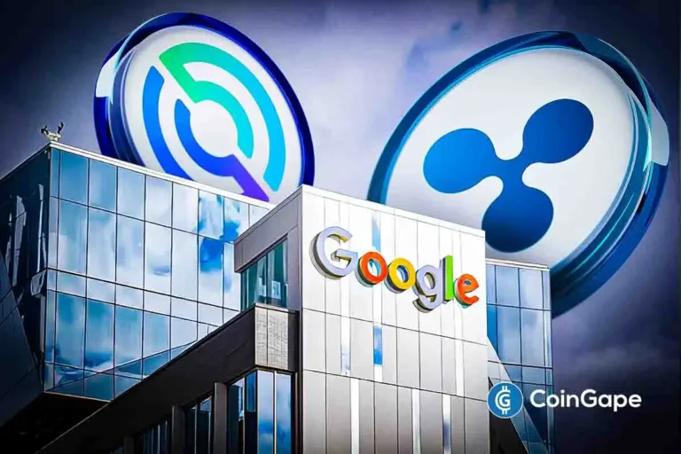 Prédio do Google com logotipos de criptomoedas flutuando acima representando competição no mercado blockchain