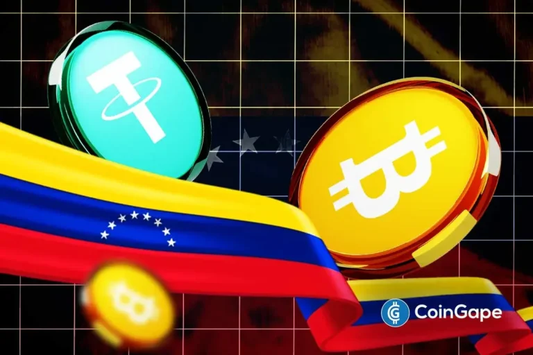 Arte digital mostrando bandeira venezuelana com símbolos de Bitcoin e Tether em fundo tecnológico