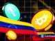 Arte digital mostrando bandeira venezuelana com símbolos de Bitcoin e Tether em fundo tecnológico