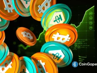 Ilustração 3D de moedas de Bitcoin e outras criptomoedas flutuando com gráficos verdes de crescimento ao fundo
