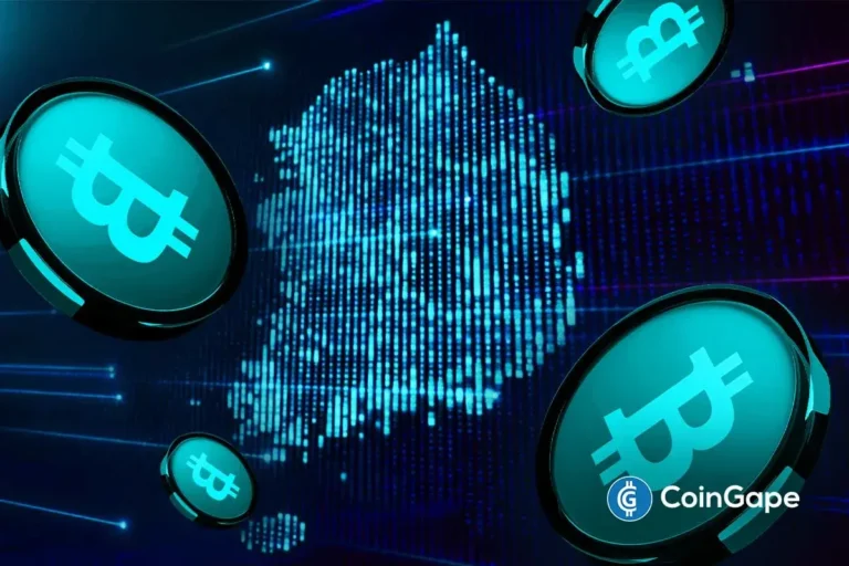 Imagem artística mostrando múltiplas moedas Bitcoin em tons ciano sobre fundo digital tecnológico.