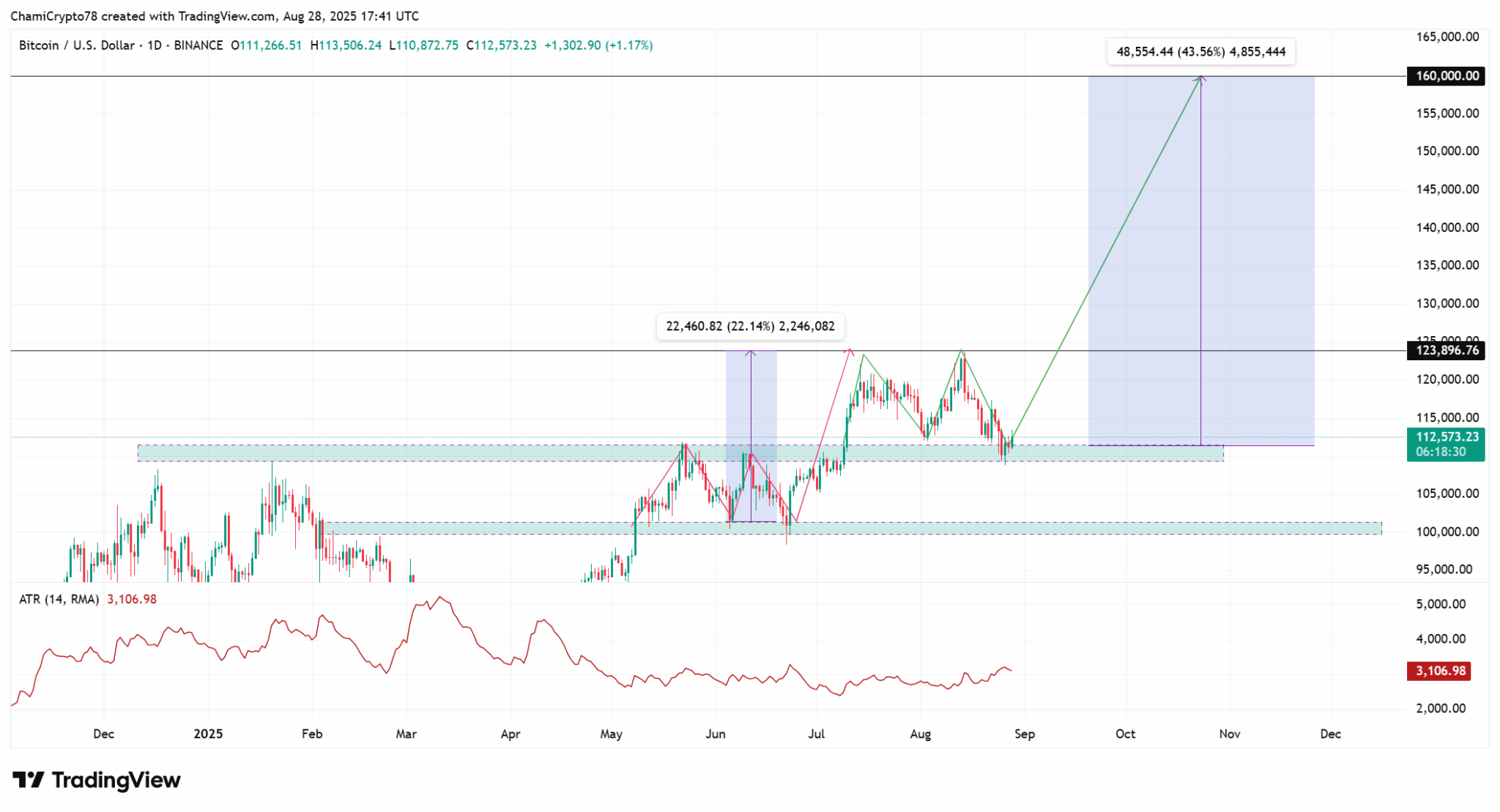 Gráfico diário BTC/USD no TradingView com projeção de alta para US$ 160 mil e indicadores técnicos.
