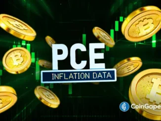 Arte digital com moedas de Bitcoin, texto PCE e gráficos de alta em fundo verde.