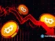 Três moedas Bitcoin douradas sobre gráfico vermelho descendente com candlesticks indicando queda de preço, logo CoinGape no canto inferior direito