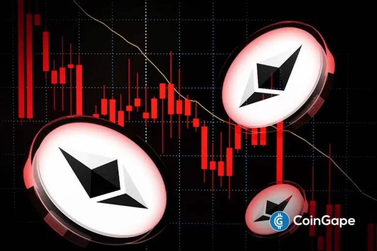 Imagem mostra logos do Ethereum sobre um gráfico de candlesticks vermelhos indicando queda de preços, com fundo escuro.