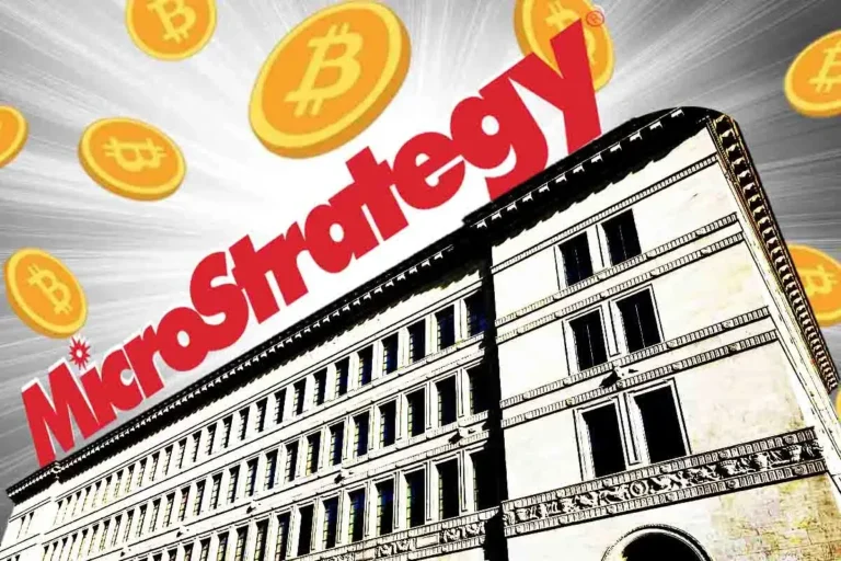 Ilustração mostrando logo da MicroStrategy sobrepondo edifício governamental com moedas de Bitcoin flutuando ao fundo.