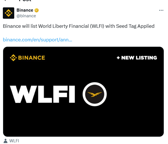 Captura de tela do anúncio da Binance sobre a listagem do token WLFI vinculado ao Trump.