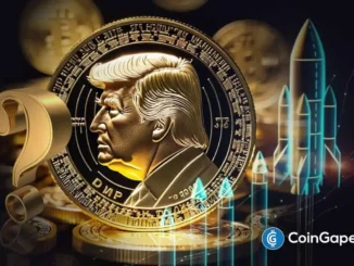 Renderização 3D artística mostrando moeda TRUMP dourada com perfil de Donald Trump, cercada por moedas Bitcoin e setas de alta em fundo escuro com efeitos de luz.