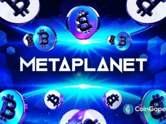Ilustração futurista da Metaplanet cercada por símbolos do Bitcoin em esferas coloridas sobre fundo azul tecnológico