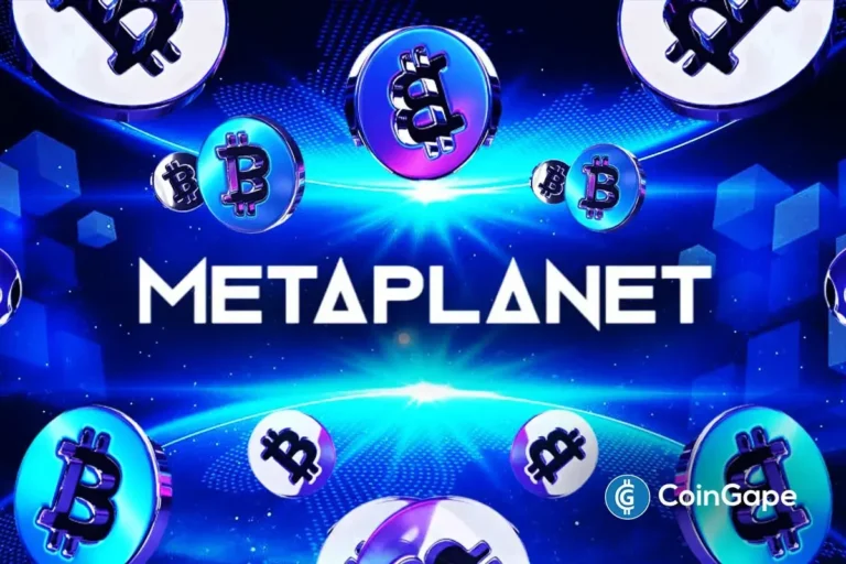 Ilustração futurista da Metaplanet cercada por símbolos do Bitcoin em esferas coloridas sobre fundo azul tecnológico