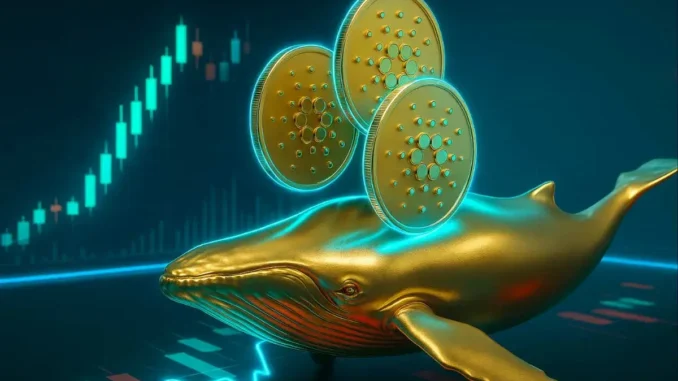Ilustração 3D de uma baleia dourada nadando com três moedas Cardano (ADA) flutuando acima dela, com gráfico de candlesticks verdes ao fundo indicando tendência de alta no mercado de criptomoedas