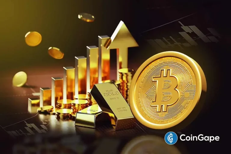 Imagem 3D com moeda Bitcoin dourada, barras de ouro e gráficos de alta em fundo escuro com marca CoinGape