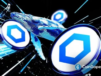 Arte digital de baleia azul em movimento com logos do Chainlink flutuando, simbolizando acumulação por baleias cripto.