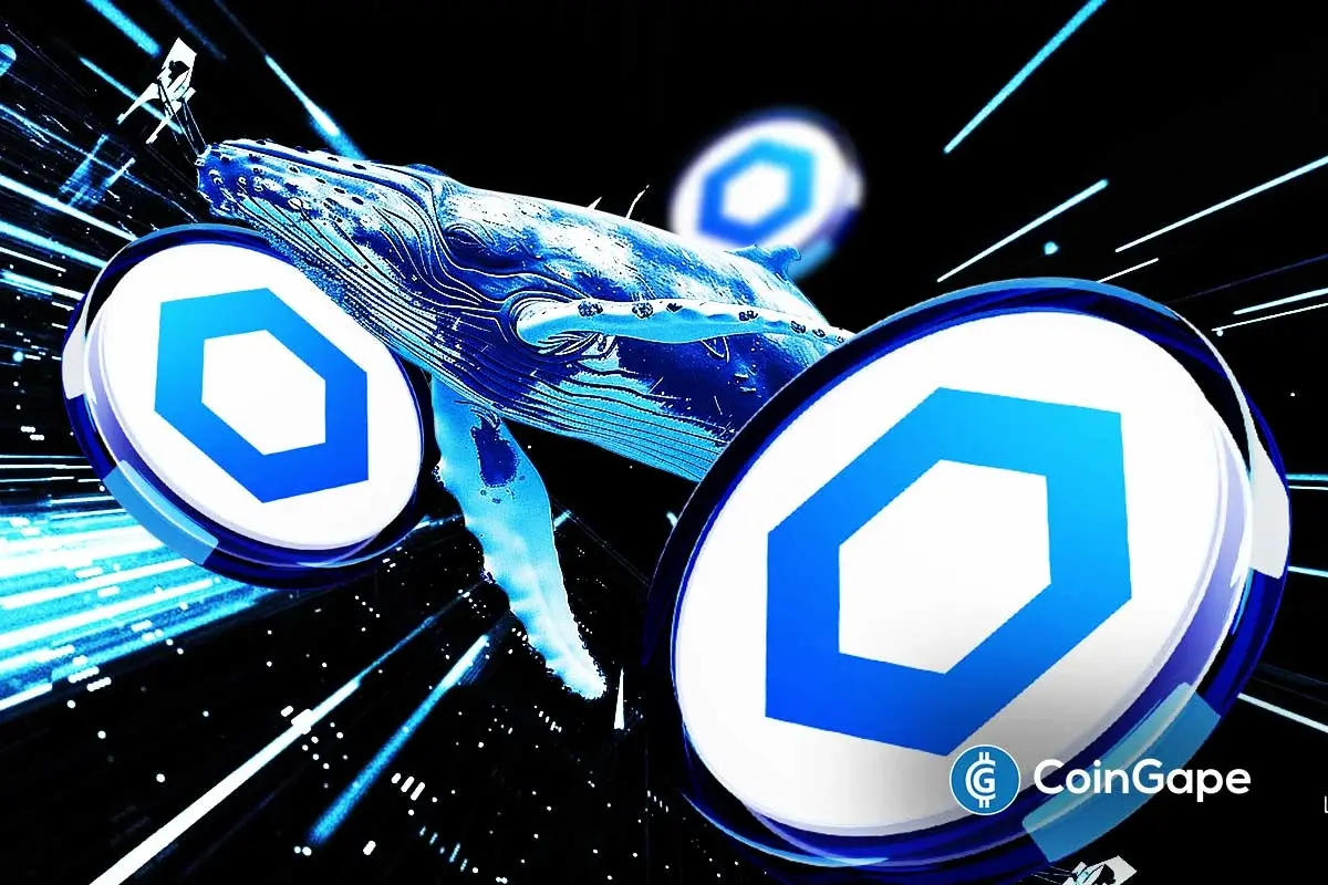 Arte digital de baleia azul em movimento com logos do Chainlink flutuando, simbolizando acumulação por baleias cripto.