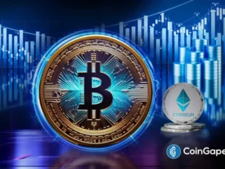 Imagem artística de moedas Bitcoin e Ethereum com gráficos financeiros e barras de crescimento