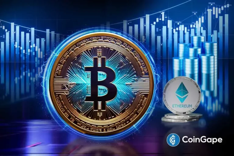 Imagem artística de moedas Bitcoin e Ethereum com gráficos financeiros e barras de crescimento