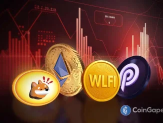 Ilustração mostrando tokens BONK, Ethereum, WLFI e PYTH sobre fundo com gráficos vermelhos descendentes.