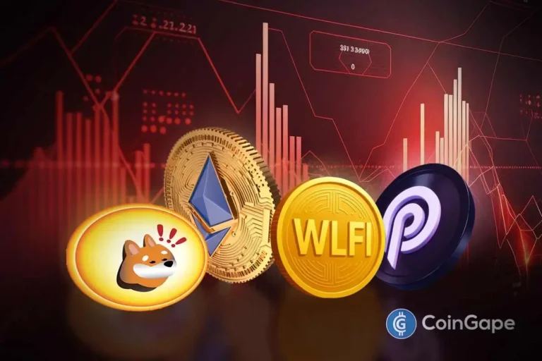Ilustração mostrando tokens BONK, Ethereum, WLFI e PYTH sobre fundo com gráficos vermelhos descendentes.