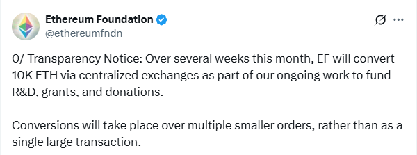 Tweet da Fundação Ethereum explicando plano de conversão de tokens para financiamento.