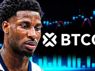 Foto de Jaren Jackson Jr. com logo da BTCC e gráficos de trading ao fundo