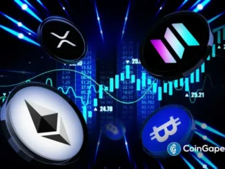 Ilustração digital mostrando logos das criptomoedas Bitcoin, Ethereum, XRP e outras sobre fundo azul com gráficos de candlestick e dados de preços