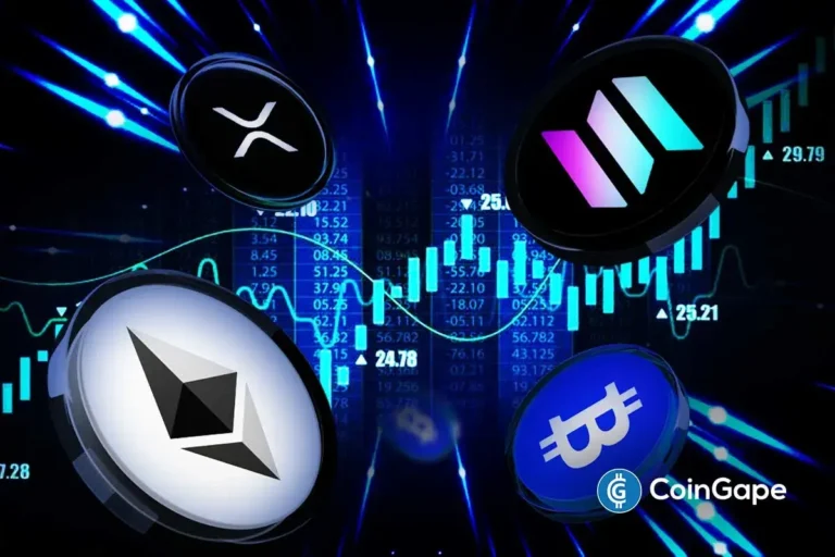 Ilustração digital mostrando logos das criptomoedas Bitcoin, Ethereum, XRP e outras sobre fundo azul com gráficos de candlestick e dados de preços